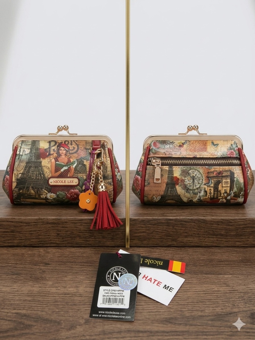 One Nicole Lee Red Vintage Paris Print Kiss-Lock Clutch (front and back shown)